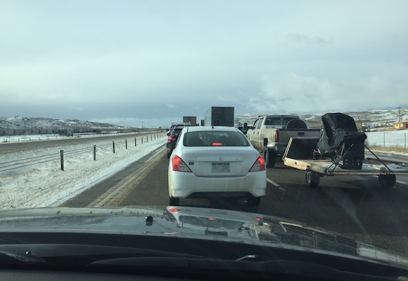 Westbound I-80 traffic at a standstill about 30 miles east of Wamsutter on Tuesday, December 22nd, 2015. (Photo: Chris James)